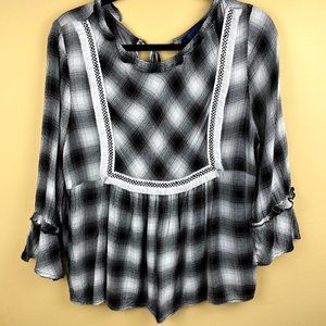 Blue Rain Black White Boho Plaid Baby Doll Blouse